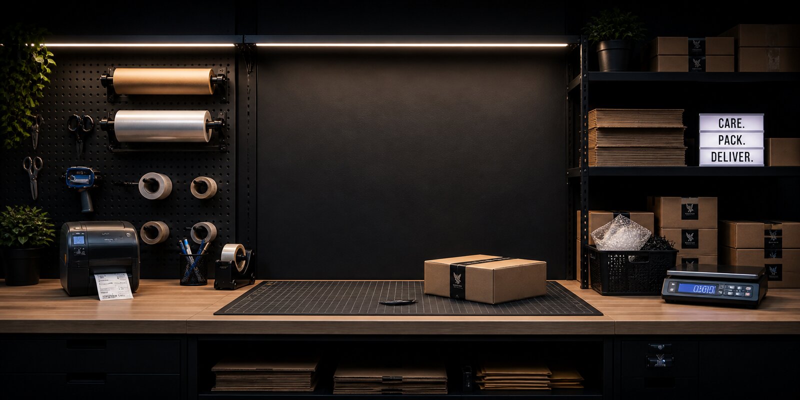The Innofenyx packing station - a packaged 3D-printed order on a work mat with shipping tape, scissors, label printer, and stacked boxes ready to ship across Canada and the US.