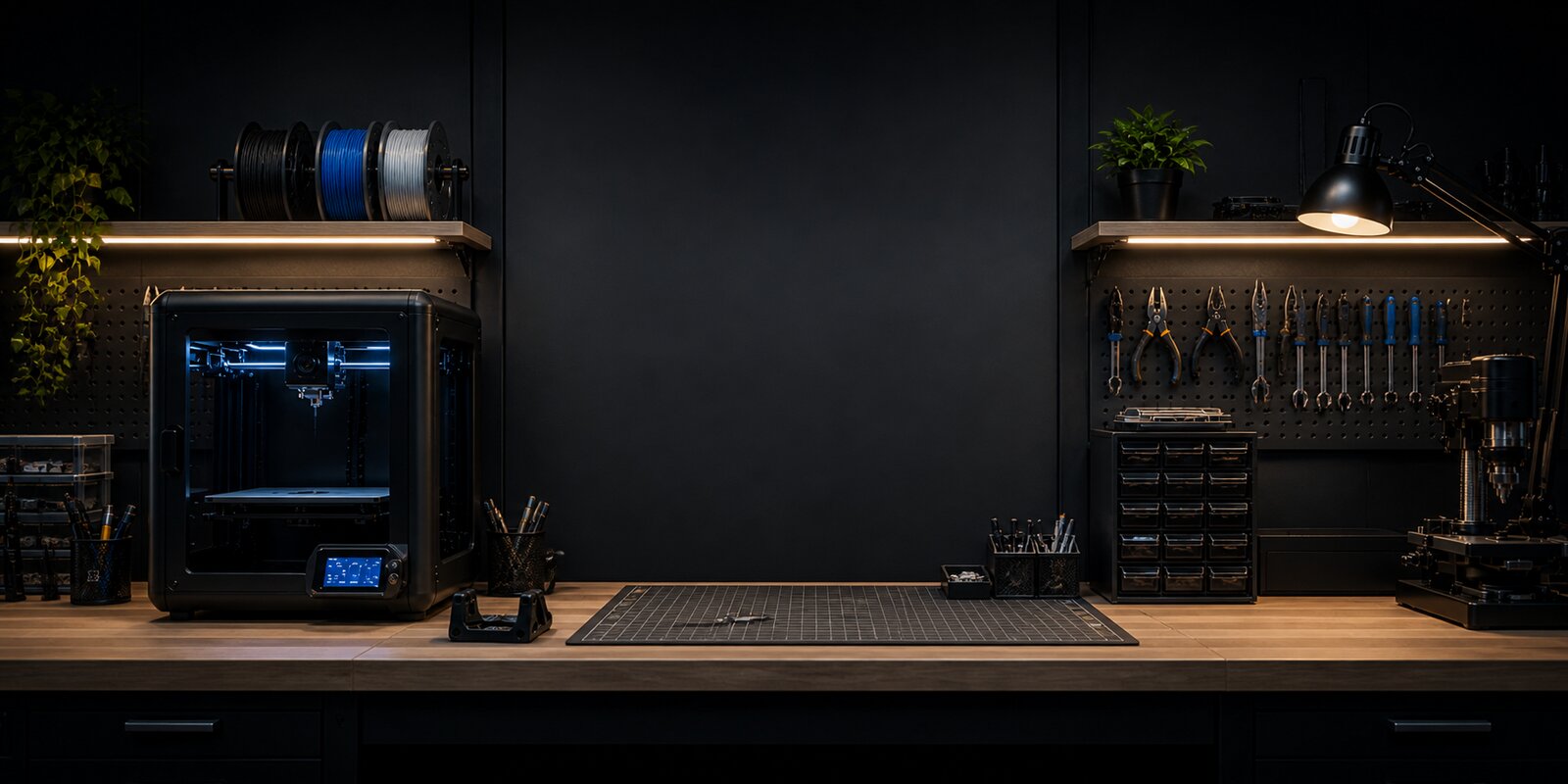 A clean Innofenyx workbench with one FDM 3D printer, tools rack, and an empty work mat - ready for the next 3D printing project.